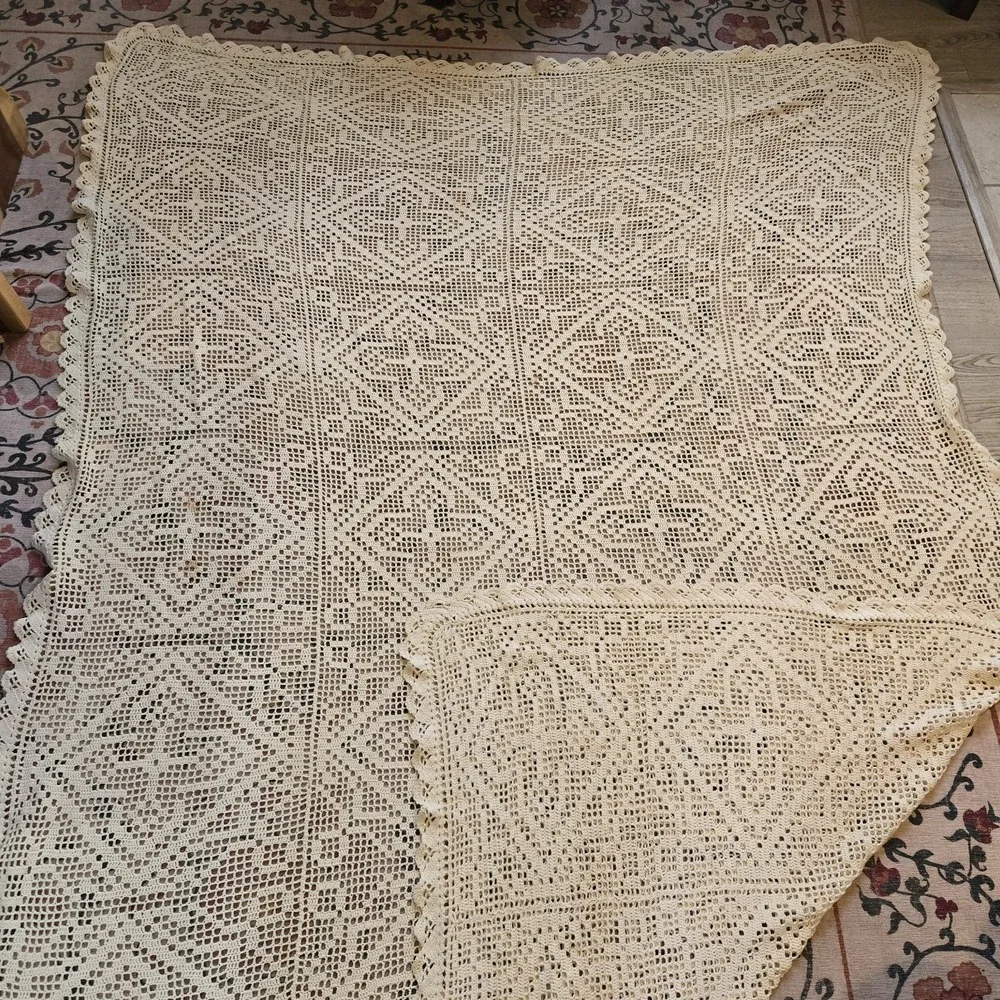 VTG Handmade Crochet Ecru Cotton Bedspread Coverlet‎ Twin XL Bed cover 68x98